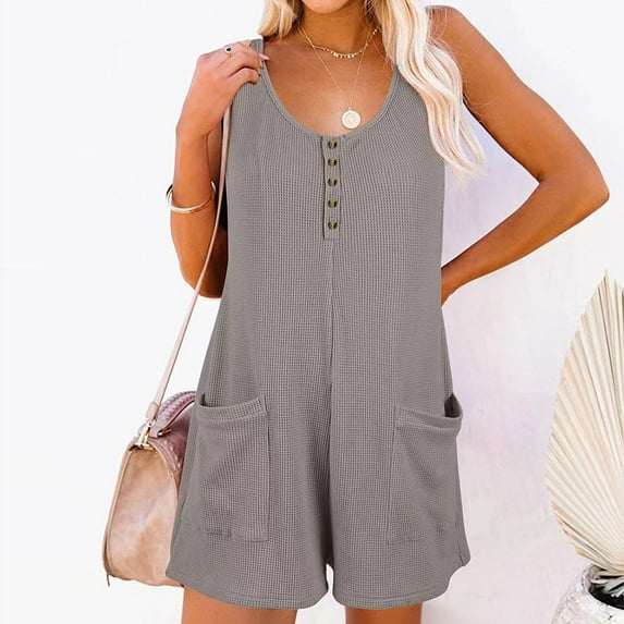 AXXD Clearance Shorts For Women,Solid Neck Sleeveless Buttons Short Jumpsuit Rompers With Pockets Workout Shorts Womens Butt Lifting Gray XXL