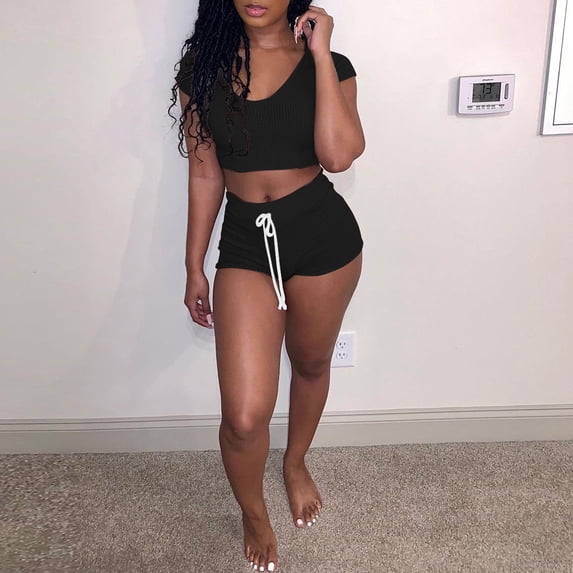 AXXD Clearance Shorts For Women,Solid Color Sportswear Suit 2PC Tracksuit Short Sleeve Sets Clearance Under $5 Clothing Woman Black 12