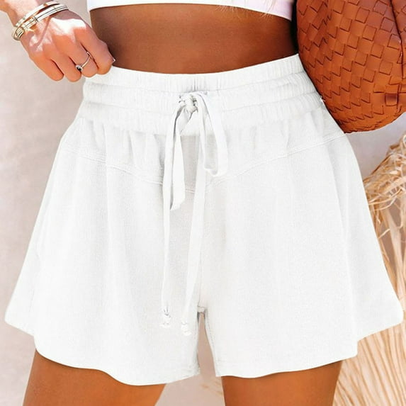 AXXD Clearance Shorts For Women,Solid Color Wide Leg Loose High Waist Lace-up Shorts White Shorts for Women High Waisted White XXL