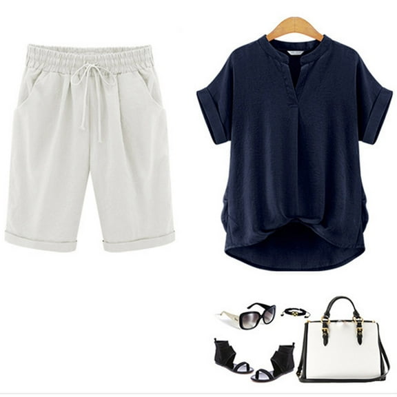 AXXD Clearance Shorts For Women,Summer Solid Large Size Cotton Linen Lady Shorts White 10