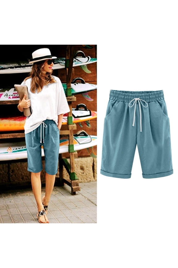 Shorts For Women,Linen Shorts for Women,Summer Solid Large Size Cotton Linen Shorts Summer Sky Blue 16