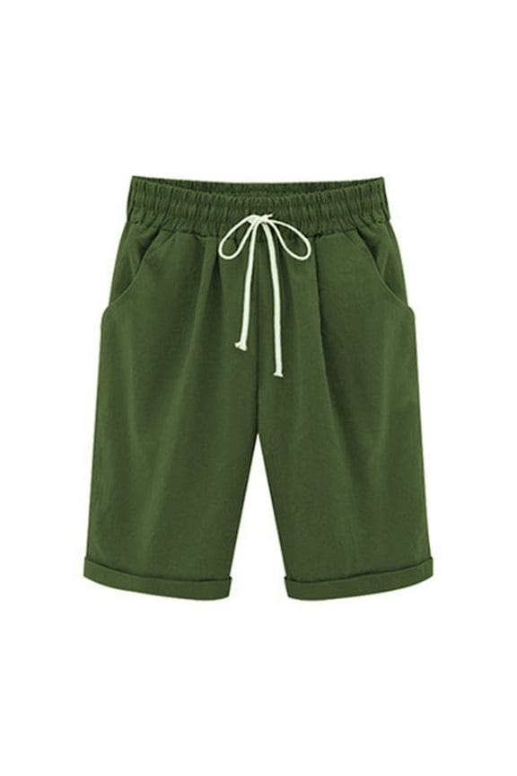 Clearance Shorts for Women,Summer Solid Large Size Cotton Linen Casual Cargo Shorts for Lady Army Green 18