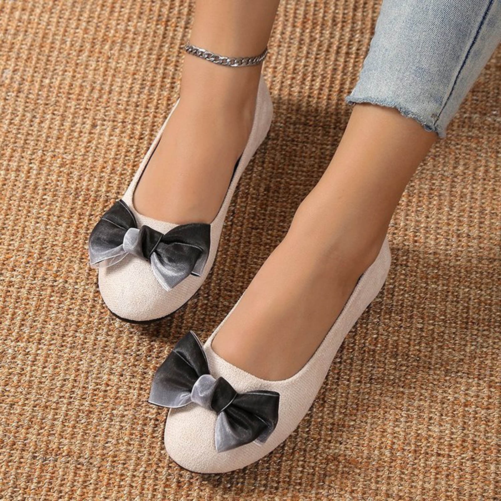 AXXD Comfort Shoes Bow Comfortable Slip On Flats Beige Flat Work Shoes