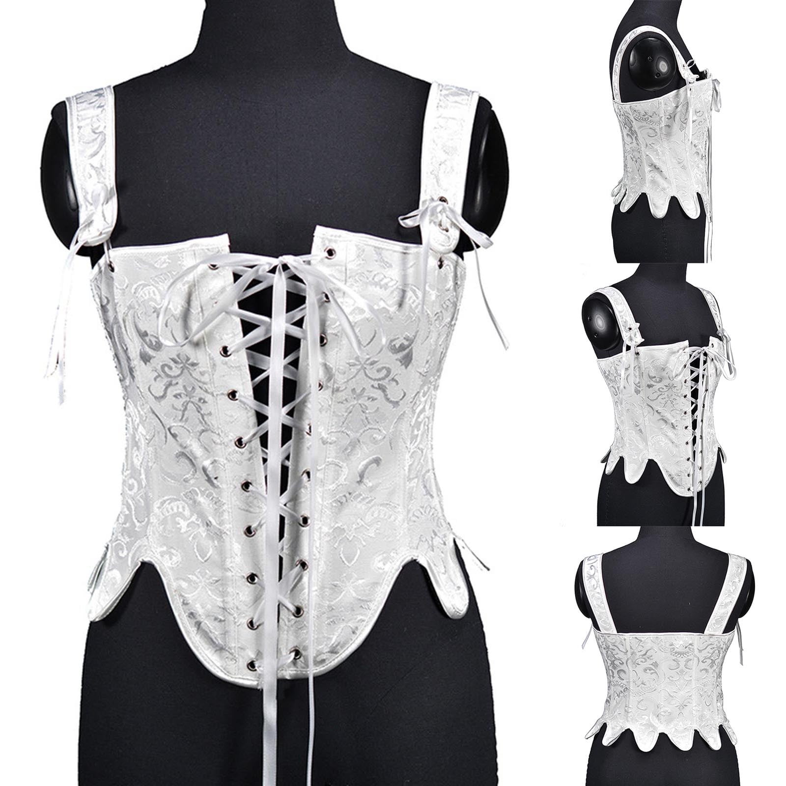 AXXD Corsets for Men Clearance,Lace-up Floral Print Fishbone Court Vintage  Corset Straps Tank Top Big Saving For Her White 12 