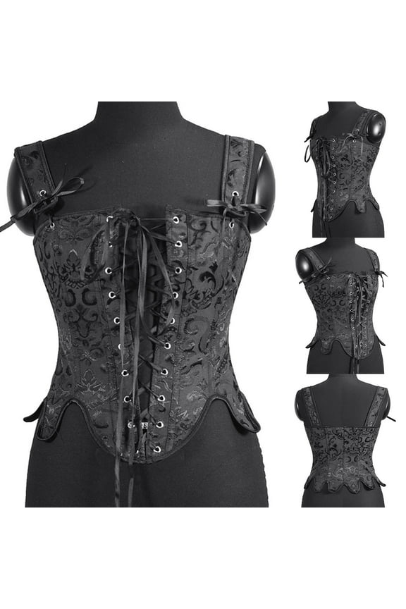 Corsets for Men Clearance,Lace-up Floral Print Fishbone Court Vintage Corset Straps Tank Top Womens Shapewear Tummy-Control Black 8