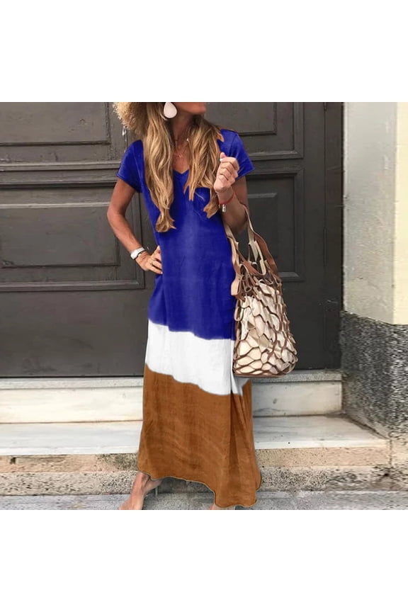 Dresses,Tight Fitting Casual Pleated Patchwork Tea Length Geometric Short Sleeve V-Neck Dress,Beach Dress For Ladies&Girl