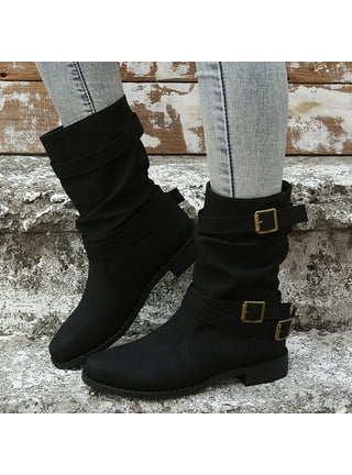 Women's Denim Mid Calf Boots, Buckle Strap Slouchy Pull On Cowboy Boots,  Fashion Chunky Low Heeled Boots - Temu