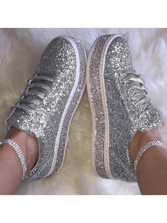 Flat Thick Lace Up Slip On Comfort Sequin Walking Loafer Silver Sneakers For Women Walking Shoes Christmas Size 41(US:8.5)