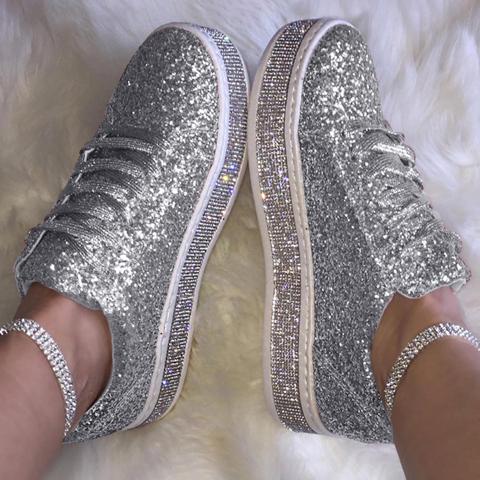 AXXD Flat Thick Lace Up Slip On Comfort Sequin Walking AXXD Flat Thick Lace Up Slip On Comfort Sequin Walking