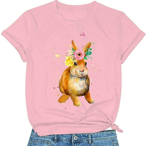 AXXD Girl Easter Shirt,Bunny Printed Pattern Short Sleeve Round Neck Loose T-Shirt Top For Mom New Arrival Size 16