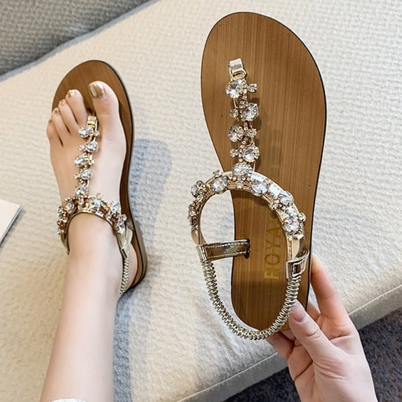 AXXD Gold Sandals for Women Summer Shoes Beach Flat Solid Color Clip Toe Rhinestone Sandals Shoes