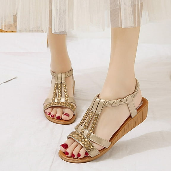 AXXD Gold Wedge Sandals for Women 8.5 Summer Bohemian Flats Heel Open Toe Comfortable Shoes Roman Boho Sandals