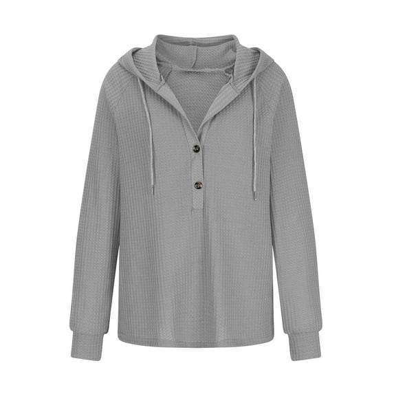 AXXD Gray Basic Hawaiian Shirts for Women 2024 Fall Winter Casual Hooded Shirts Long Sleeve Drawstring Button Hoodies Sweatshirts Tops