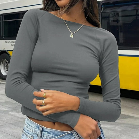 AXXD Gray Basic Hawaiian Shirts for Women Summer 2024 Trendy Halter Long Sleeve Top Slim Temperament Solid Color Base Shirt Sexy Spice Girl T-shirt