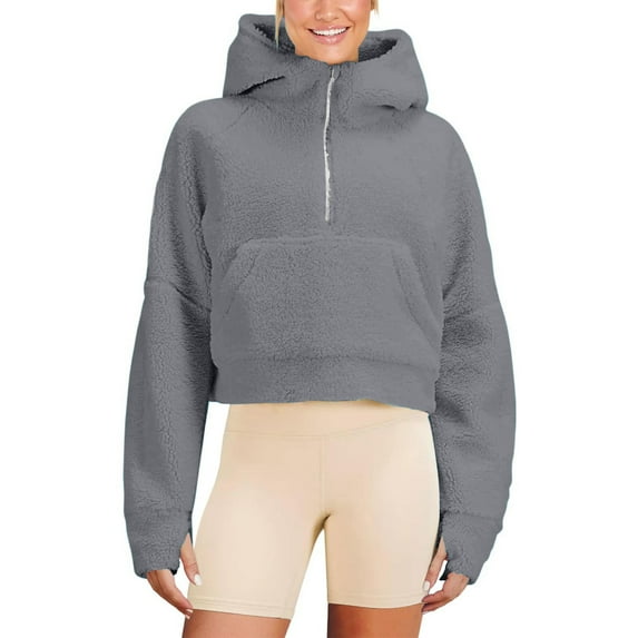 AXXD Gray Basic Ladies Tops Summer 2024 Crop Tops Loose Half Zipper Hooded Sweatshirts Long Sleeve Cropped Hoodie Winter Warm Pullover Tops