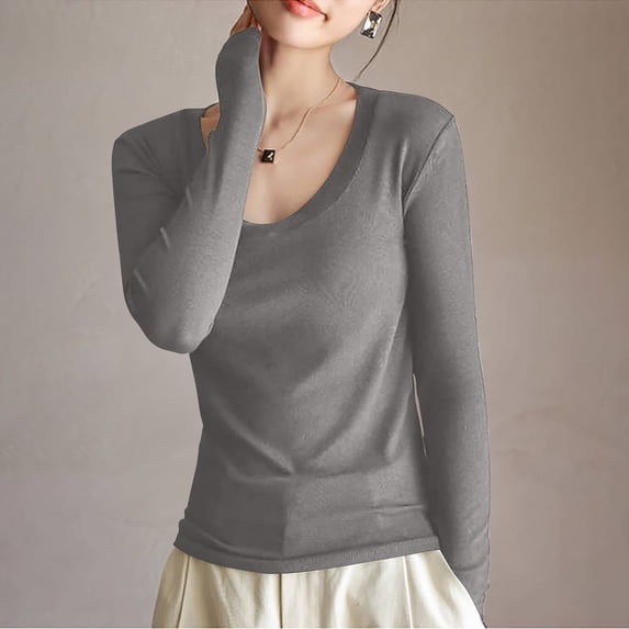 AXXD Gray Basic Plus Size Shirts for Women Summer 2024 Turtle Necks Winter Bottomed Double-sided Long Sleeve Clothes Tops