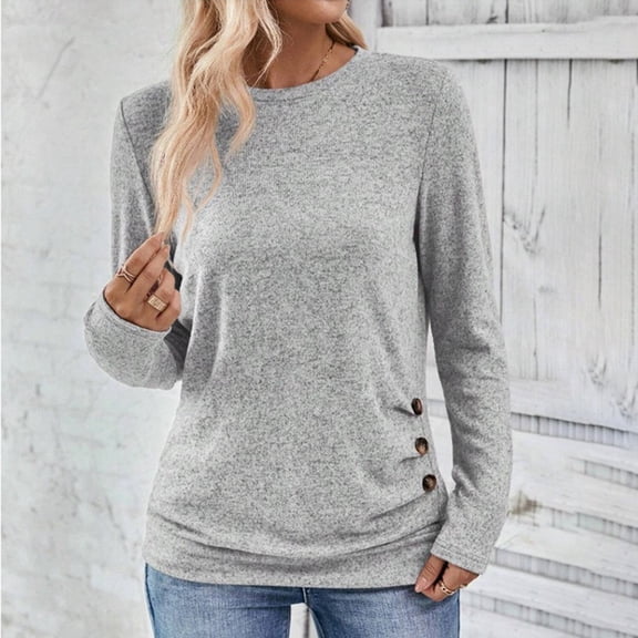 AXXD Gray Basic T-Shirts for Women Summer 2024 Loose Trendy Button Round-Neck Long Sleeve Casual T-shirt Top Solid Blouse