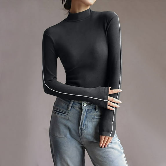 AXXD Gray Basic Tops for Women Trendy Summer 2024 Turtle Necks Winter Bottomed Double-sided Long Sleeve Clothes Tops