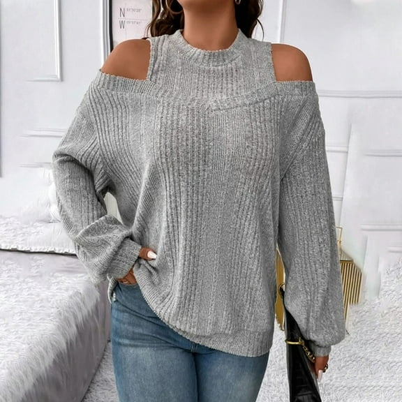AXXD Gray Basic Tshirts Shirts for Women Summer 2024 Loose Trendy Off Shoulder Round Neck Pullover Long Sleeve Comfortable Shirt