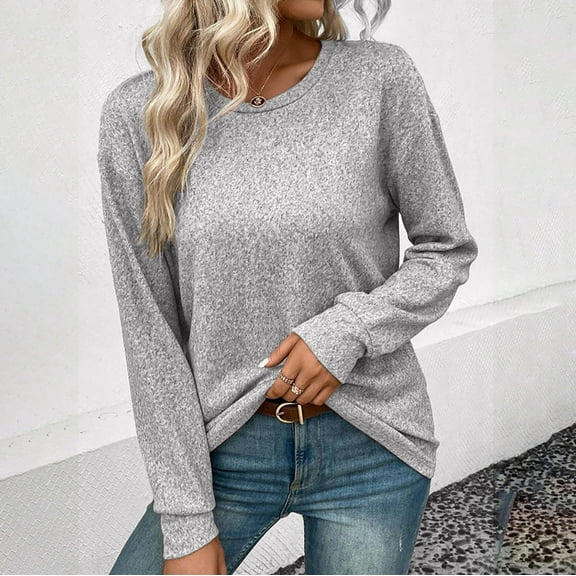 AXXD Gray Basic Work Blouses for Women Summer 2024 Loose Trendy Button Round-Neck Long Sleeve Casual T-shirt Top Solid Blouse