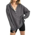 thumbnail image 1 of AXXD Gray Basic Work Shirts for Women Summer 2024 Casual Solid Color Hooded Button Round Neck Long Sleeved Loose Top, 1 of 7