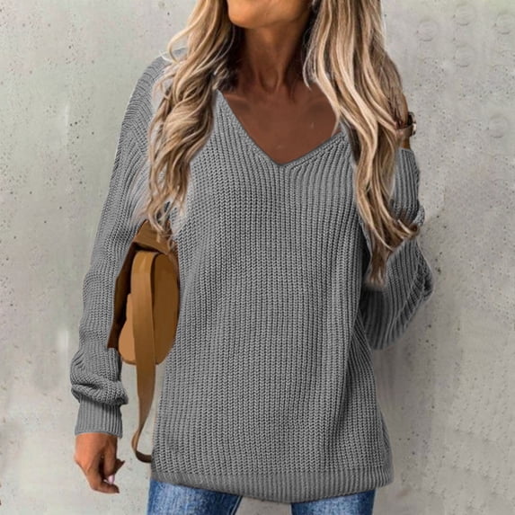 AXXD Gray Plus Size Blouses for Women Business Casual Summer 2024 Solid V-Neck Long Sleeve Casual Knit Top Blouse