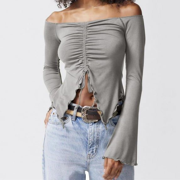 AXXD Gray Plus Size Shirts for Women Solid Color Knitted Base Two-piece Top With Wooden Ear Flared Sleeves Sexy Off The Shoulder Long Sleeved T-shirt Top