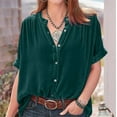 thumbnail image 1 of AXXD Green Basic Blouses for Women Summer 2024 Temperament Gold Velvet Solid Color Short Sleeved Round Neck Button Up Folded Shirt Top, 1 of 6