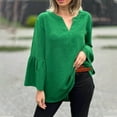 thumbnail image 1 of AXXD Green Basic Business Casual Tops for Women Summer 2024 V-Neck Solid Color Pullover Casual Ruffled Long Sleeve Top, 1 of 6