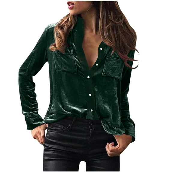 AXXD Green Basic Crewneck Sweatshirts Women Summer 2024 Satin Pocket Business V-Neck Solid-color Commute Long Sleeve Blouses Shirt Tops