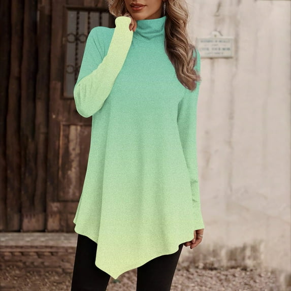AXXD Green Basic Going Out Tops for Women Summer 2024 Temperament Solid Color Long Sleeved Round Neck Irregular Long Sleeved T-shirt