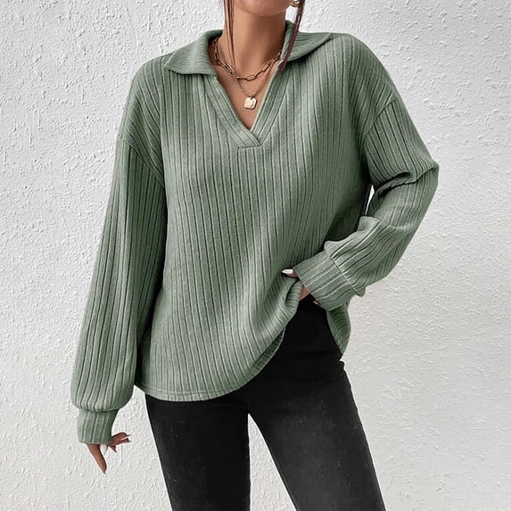 AXXD Green Basic Ladies Sweatshirts Summer 2024 Trendy V-Neck Long Sleeve Casual T-shirt Top Solid Blouse