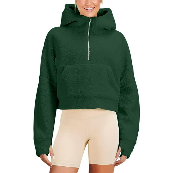 AXXD Green Basic Summer Tops for Women 2024 2024 Crop Tops Loose Half Zipper Hooded Sweatshirts Long Sleeve Cropped Hoodie Winter Warm Pullover Tops