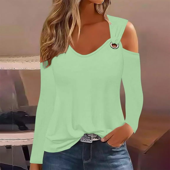 AXXD Green Basic Summer Tops for Women 2024 Trendy Casual Solid Off Shoulder Pullover Long Sleeve Top Long Sleeve V-Neck Top/Shirt