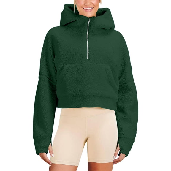 AXXD Green Basic Sweatshirts for Women Loose Fit Summer 2024 Crop Tops Loose Half Zipper Hooded Sweatshirts Long Sleeve Cropped Hoodie Winter Warm Pullover Tops