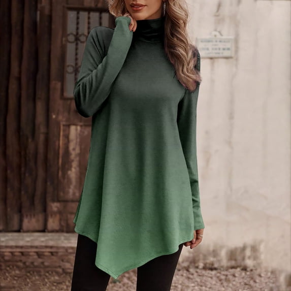 AXXD Green Basic Tshirts Shirts for Women Summer 2024 Temperament Solid Color Long Sleeved Round Neck Irregular Long Sleeved T-shirt
