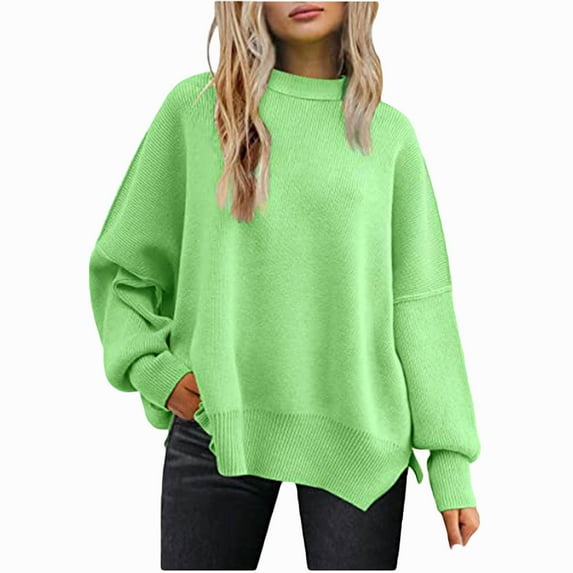 AXXD Green Basic Western Tops for Women Summer 2024 Loose Comfortable New Long-sleeved Round-neck Knitwear Color Vent Insert Blouses