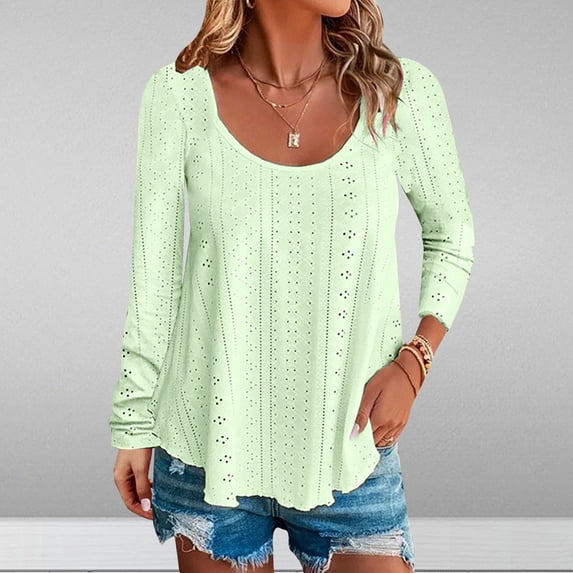 AXXD Green Basic Western Tops for Women Summer 2024 Trendy Round-Neck Long Sleeve Casual T-shirt Top Solid Blouse