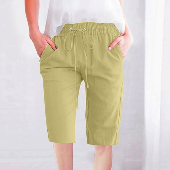 AXXD Green Ladies Shorts Summer Solid Color Waist Elastic Loose Straight Wide Leg Half Shorts With Pocket Mother's Day
