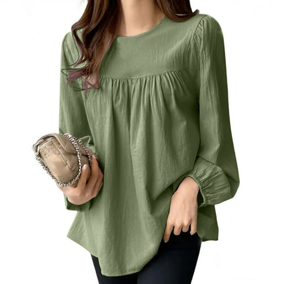 AXXD Green Plus Size Work Tops for Women Summer 2024 Solid Color Loose Round Neck Shirt Long Sleeved Top/shirt