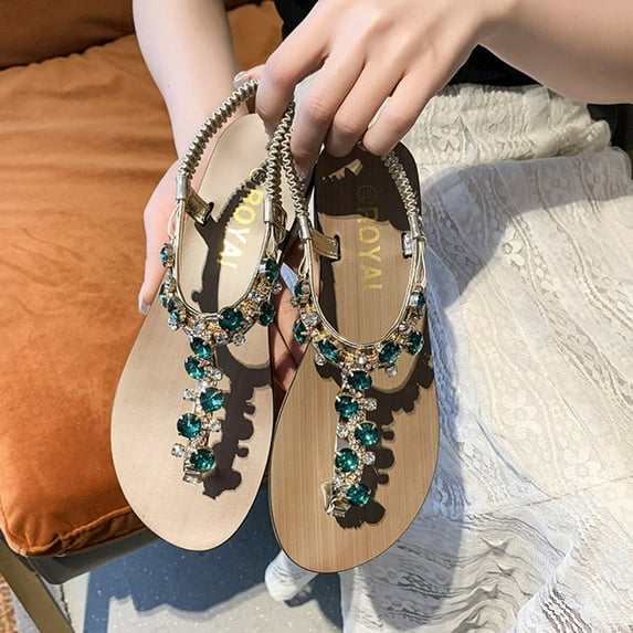 AXXD Green Sandals for Women Summer Shoes Beach Flat Solid Color Clip Toe Rhinestone Sandals Shoes