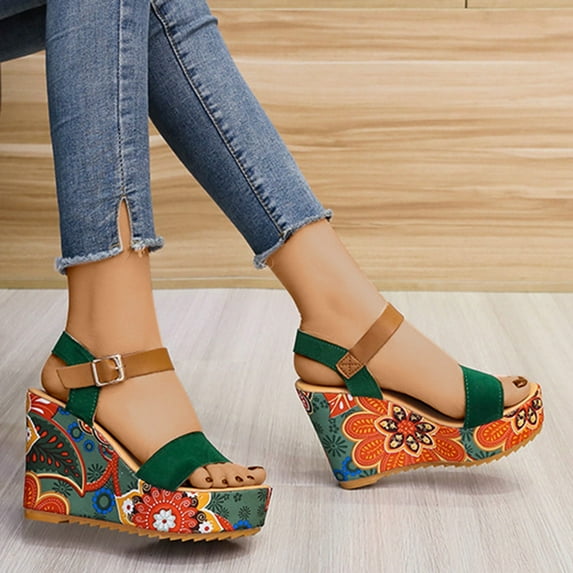 AXXD Green Sandals for Women New Summer Thick Sole Shoes One Button Peep-toe Sandals