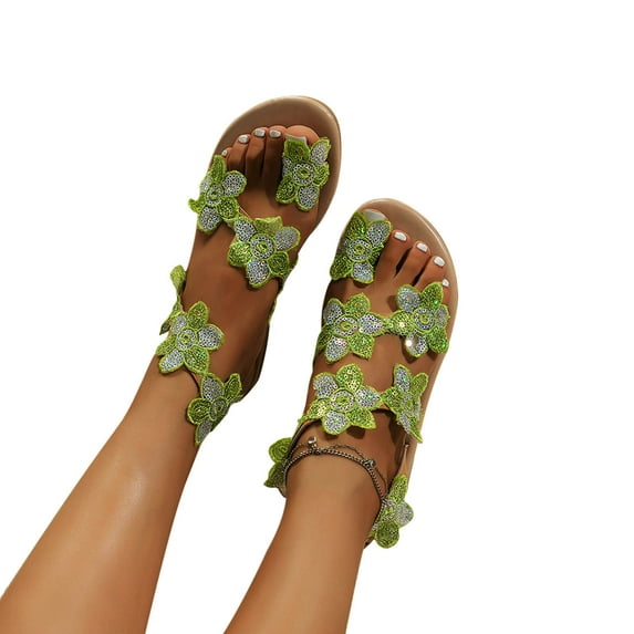 AXXD Green Sandals for Women Summer Flat Toe Color Sandals Wearing Flower Decorated Beach Sandals