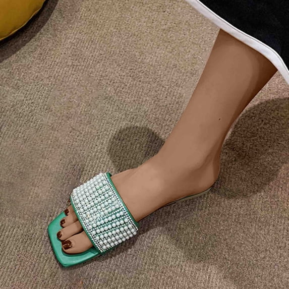 AXXD Green Spring Sandals for Women 2024 Summer Flat Sandals Bottomed Square Toe Open Toe Mothers Day