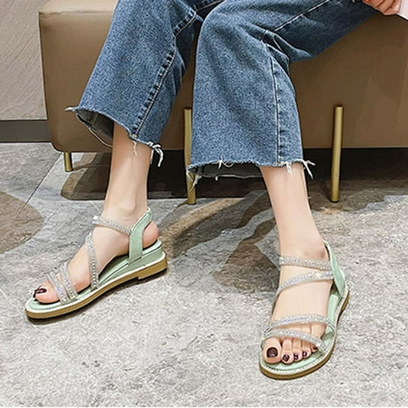 AXXD Green Wedge Sandals for Women Summer Sandals Rhinestone Decoration Solid Color Wedged-heel Casual Sandals