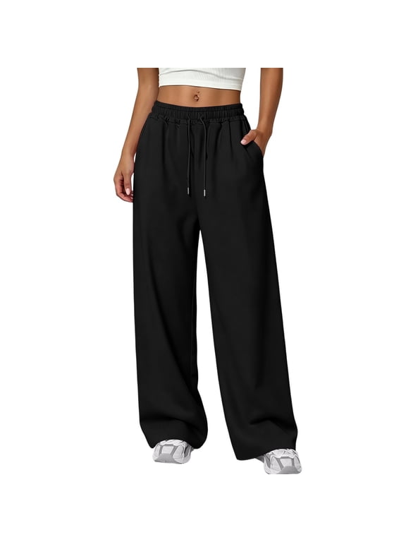 Hiking Pants Women Wide Leg Pants for Women Pockets Elastic Waist Daily,Casual,Gym,Travel Solid Black L