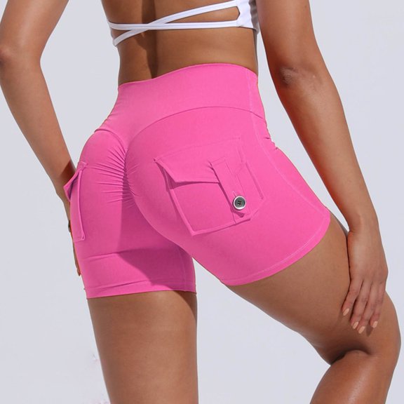 AXXD Hot Pink Running Shorts for Lady Summer Athletic Workout Cargo Gym Pocket Sweatshorts Solid Color Hip Lift Fitness High Waist Stretch Exercise Yoga Pants