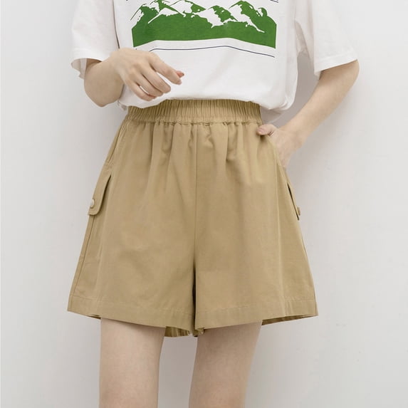 AXXD Khaki Gym Shorts Women Summer Solid Color Cotton Linen Loose Wide Leg Shorts Mother's Day