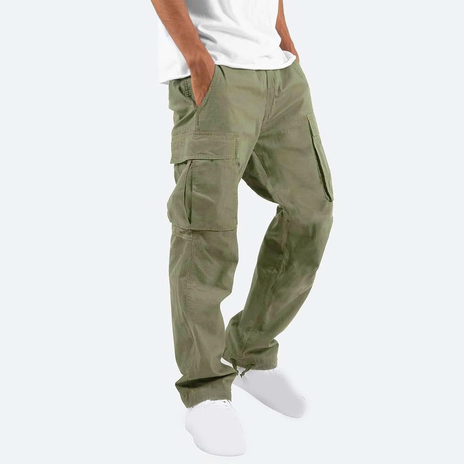 AXXD Men Elastic Waist Pants Men Solid Casual Multiple Pockets Outdoor