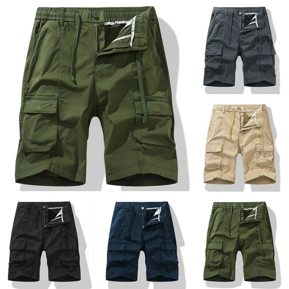 AXXD Men's Cargo Shorts Khaki Summer Plus Size Casual Solid Zipper Button Pockets Elastic Waist Cropped Shorts Father's Day Gift